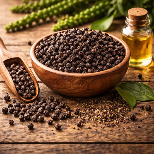 Wooden bowl filled with black peppercorns on a wooden surface with a bottle of oil and green leaves.