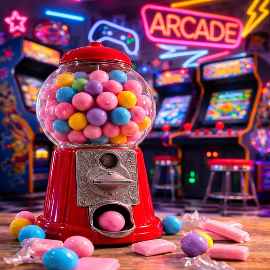 Red gumball machine with colorful gumballs in an arcade setting