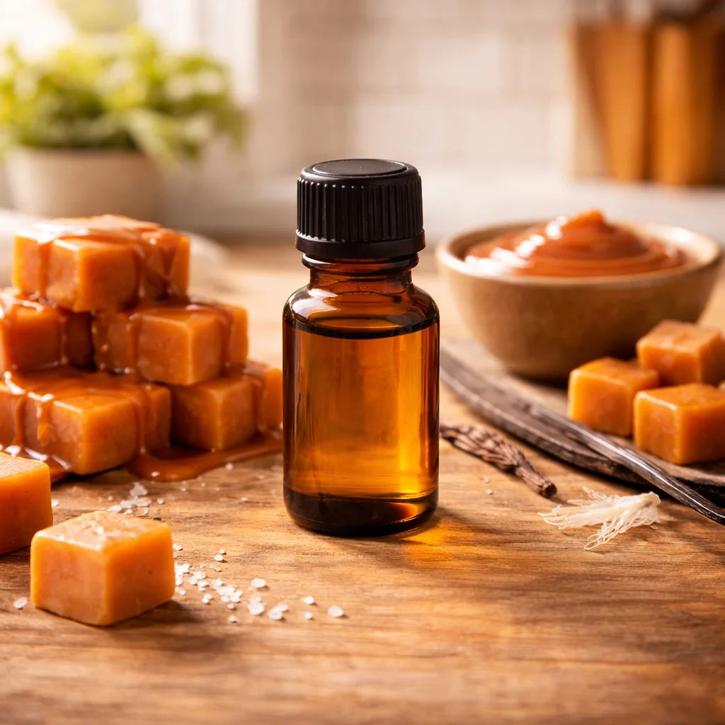 Brown bottle with black cap on a wooden surface with caramel cubes and a bowl of caramel sauce.