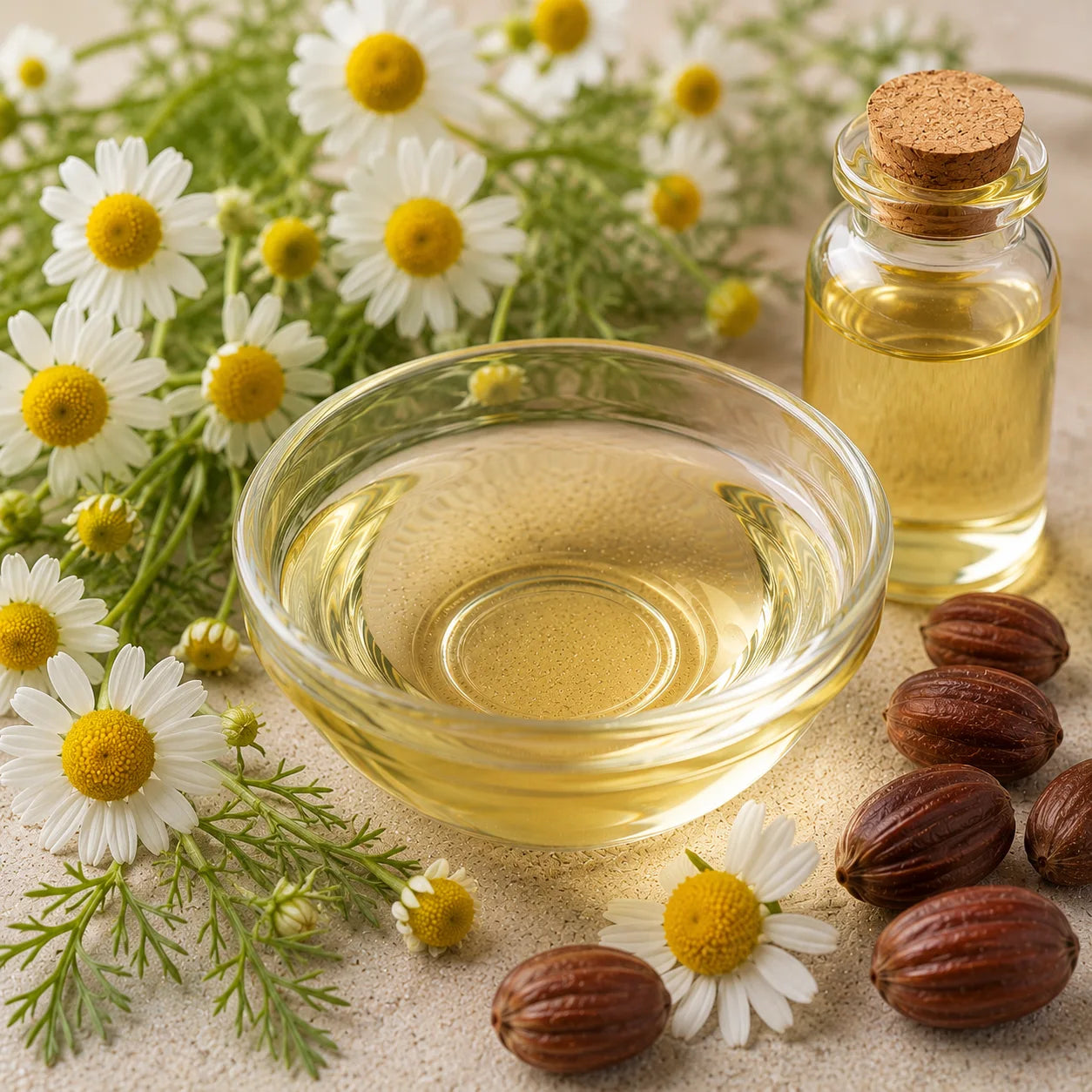 A clear glass bowl filled with chamomile essentila oil in jojoba, a small glass bottle with a cork stopper and more of the same liquid, surrounded by chamomile flowers, green stems, and jojoba seeds on a light textured surface.