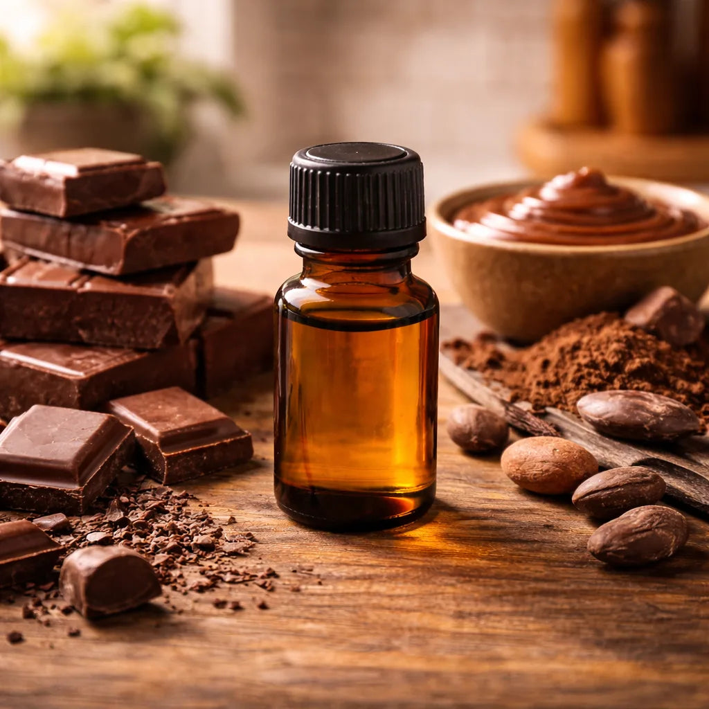 Bottle of chocolate-flavour oil on a wooden surface with chocolate bars and ingredients.