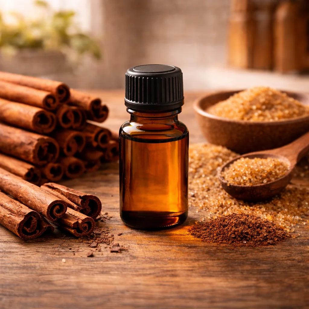 Cinnamon brown sugar flavour oil surrounded by brown sugar and cinnamon