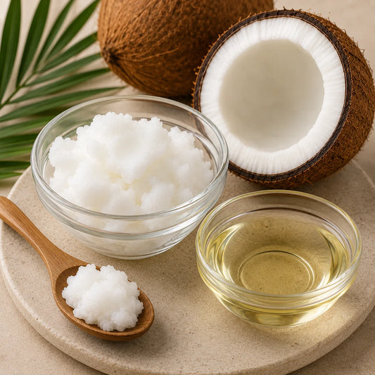 Coconut oil liquid and solid displayed in glass bowls with a wooden spoon, alongside a whole and halved coconut on a stone surface with a green palm leaf
