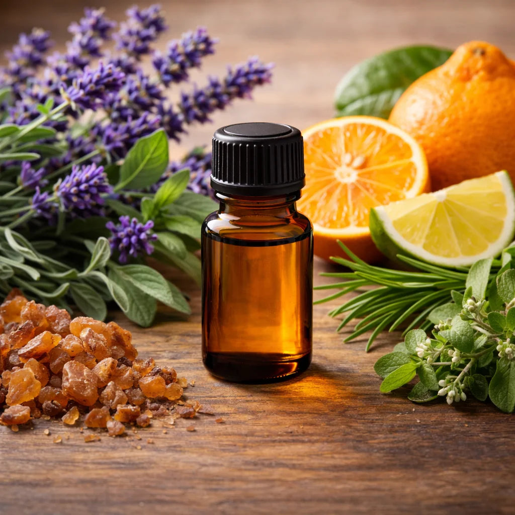 Bottle of essential oil with lavender, oranges, lemons, and frankincense on a wooden surface