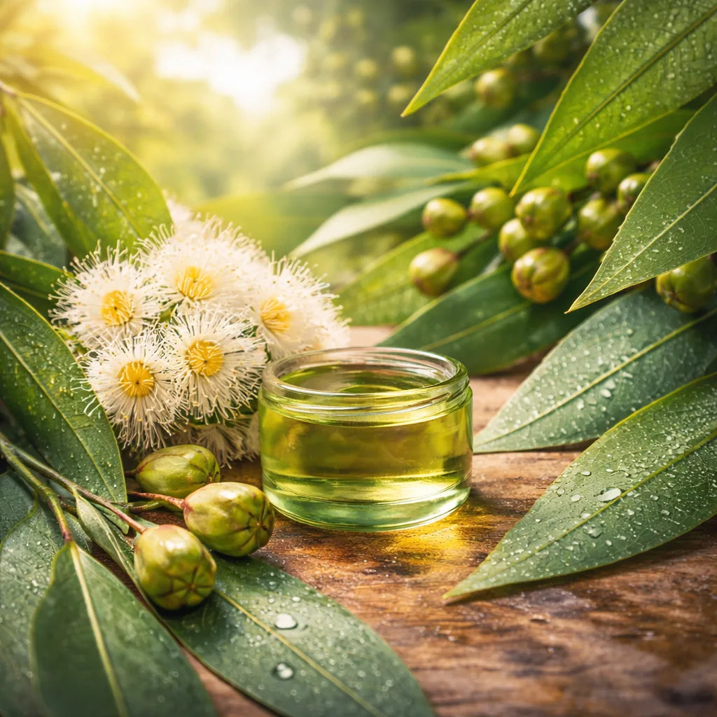 Small glass container of eucalyptus natural flavour oil surrounded by eucalyptus leaves and flowers on a wooden surface.