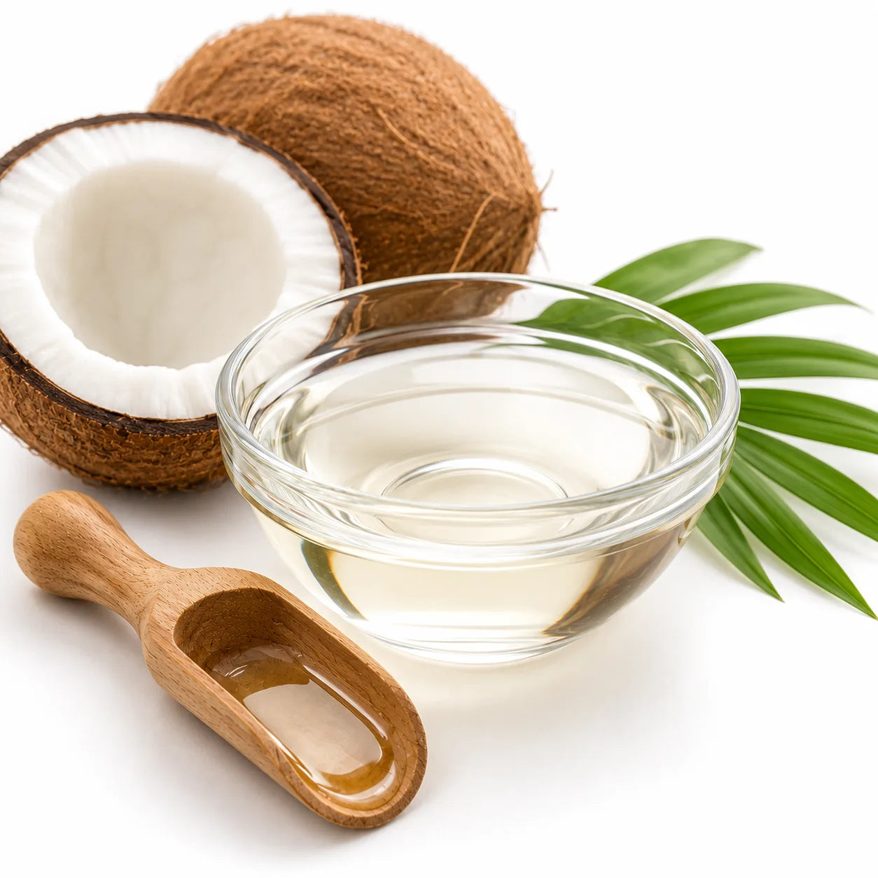 A clear glass bowl filled with fractionated coconut oil, shown with a halved coconut, a whole coconut, green palm leaves, and a small wooden scoop on a white background.
