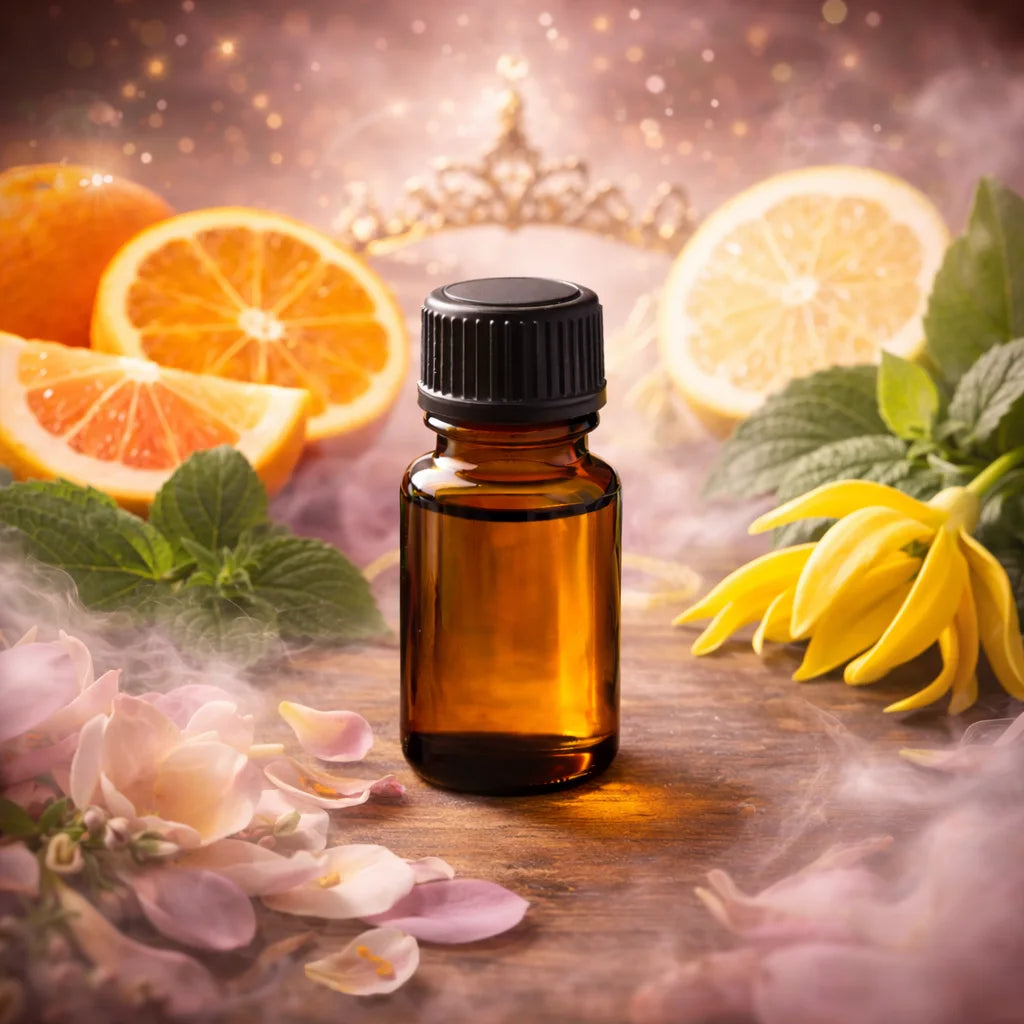 Amber glass bottle with  on a wooden surface surrounded by mist wafted oranges, flowers, and leaves.