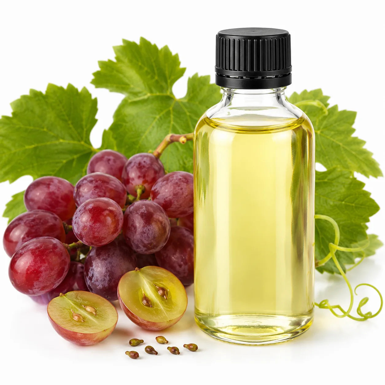 A bottle of grapeseed oil with a black cap, shown next to red grapes, green grape leaves, and a halved grape on a white background.