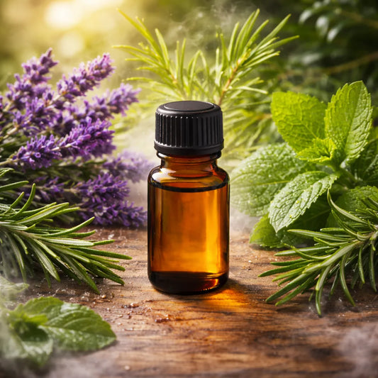 Amberglass bottle with on a wooden surface surrounded by tea tree and spearmint leaves and lavender flowers.