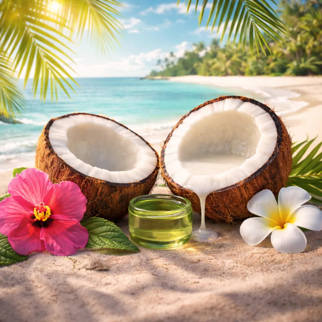 Coconut halves with a small jar of coconut flavour oil on a beach with flowers and palm leaves.