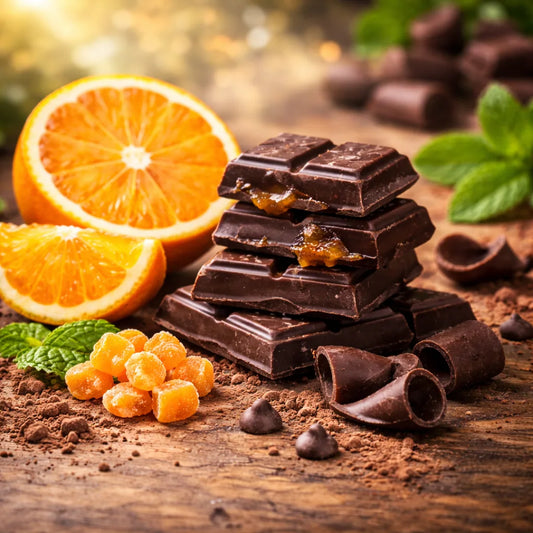 Stack of dark chocolate bars with oranges, mint leaves, and candied fruits on a wooden surface.