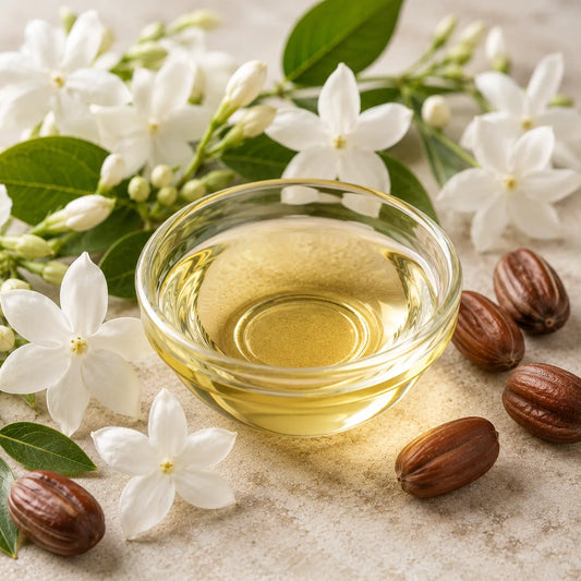 A small clear glass bowl filled with pale jasmine oil, surrounded by white flowers, green leaves, and jojoba seeds on a light stone surface.