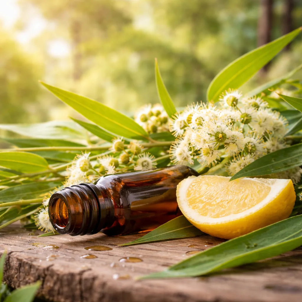 Lemon scented gum on a stump with a slice of lemon and amber glass bottle