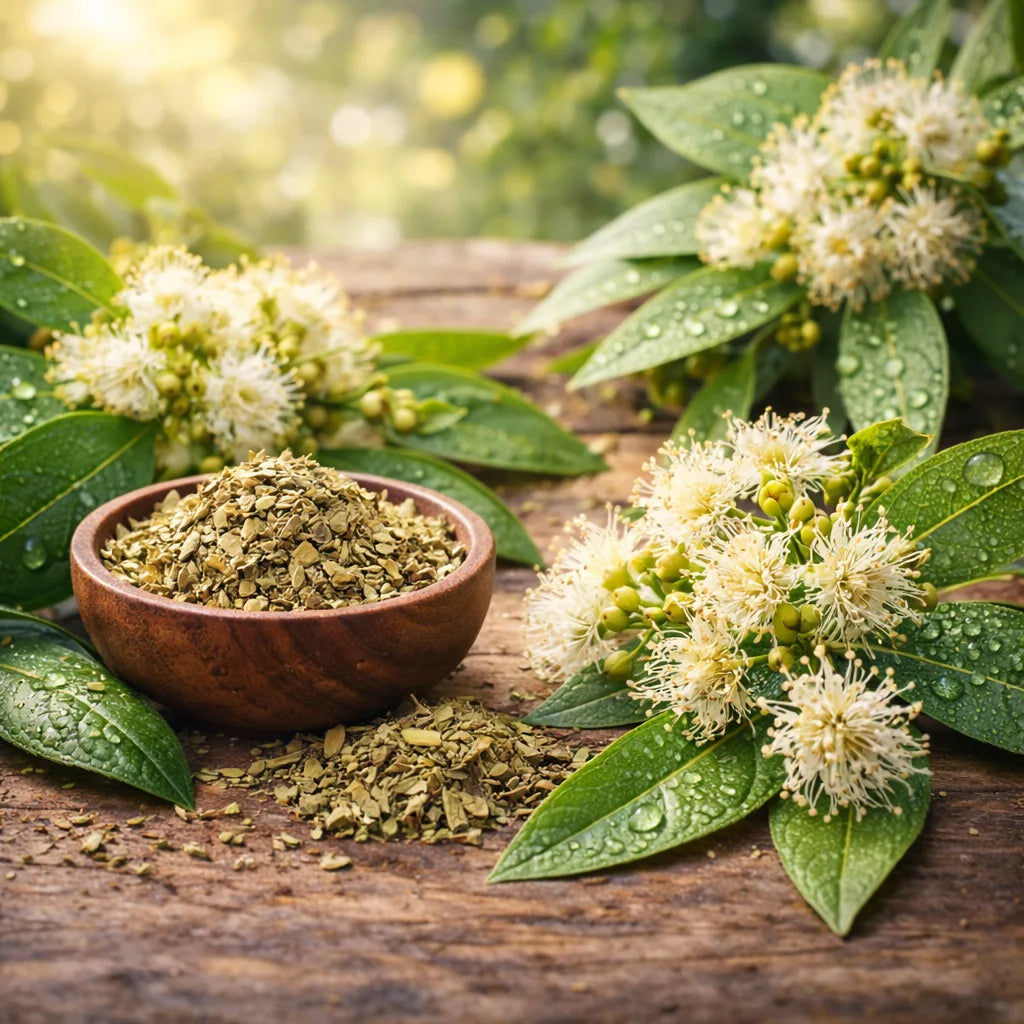 Wooden bowl with dried lemon myrtle surrounded by green lemon myrtle leaves and flowers on a wooden surface