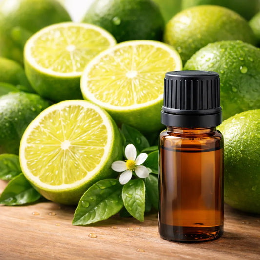 Bottle of essential oil with limes and leaves on a wooden surface