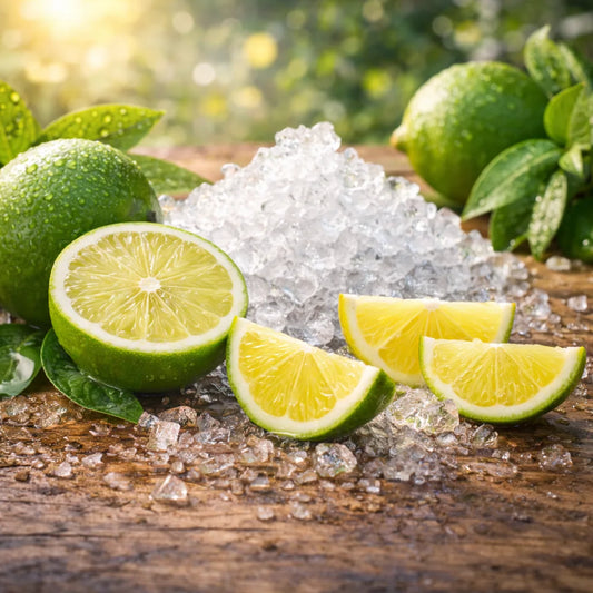 Lime slices and whole limes on a wooden surface with ice cubes.