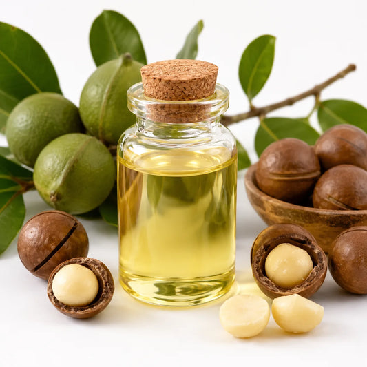 A small clear glass bottle filled with macadamia oil and sealed with a cork stopper, styled with green macadamia fruits, nuts, and cracked nuts on a white background.