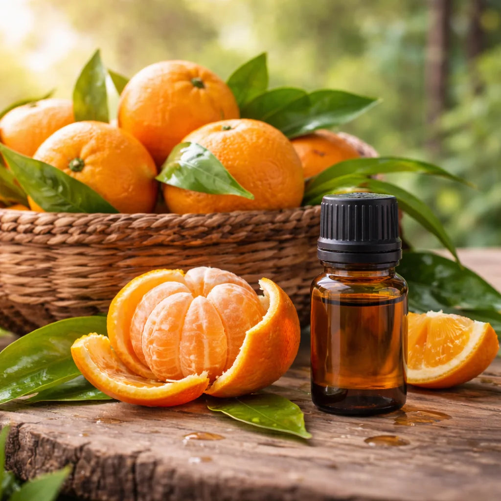 Bottle of essential oil with mandarin oranges on a wooden surface