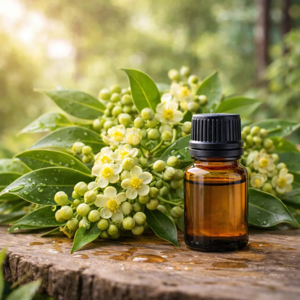 May chang essential oil on a wooden stump with may chang flowers