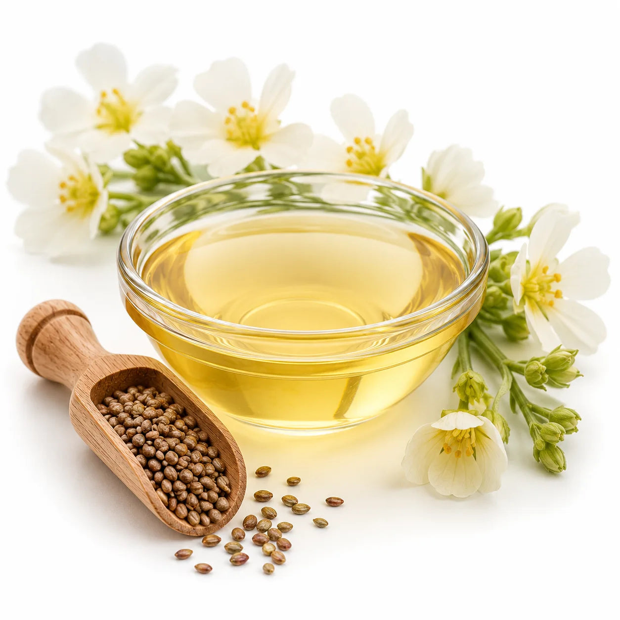 A clear glass bowl filled with meadowfoam seed oil, styled with a small wooden scoop of brown seeds and white flowers on a clean white background.
