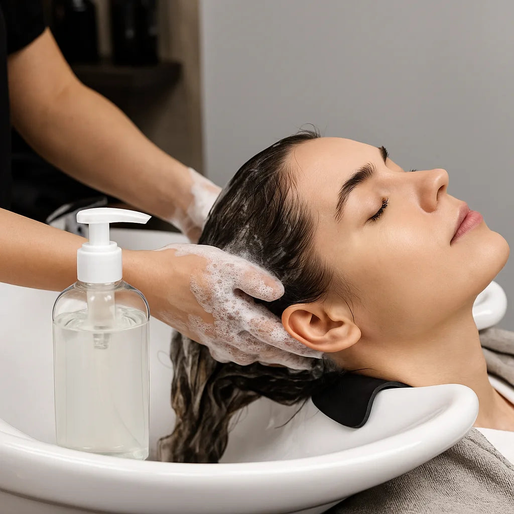 Woman receiving a hair wash treatment with a bottle of moisturising shampoo base in a salon setting.