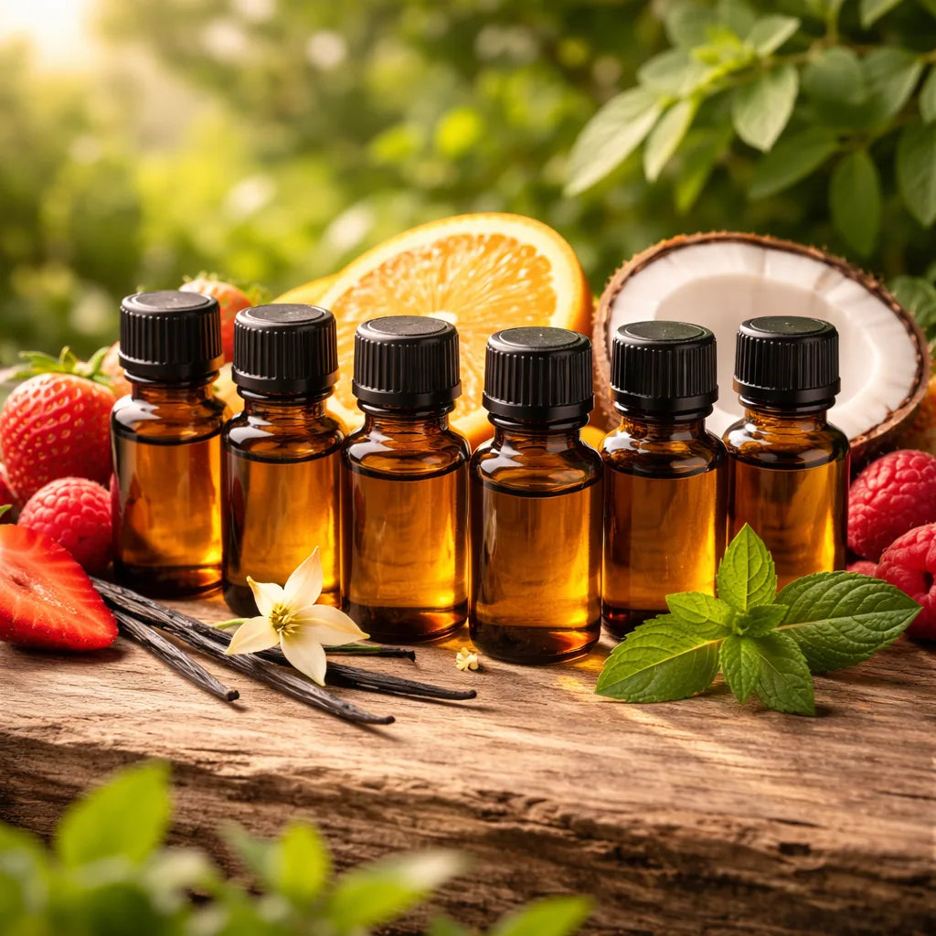 Flavour oil set on a timber plank amongst fruit, berries and herbs.