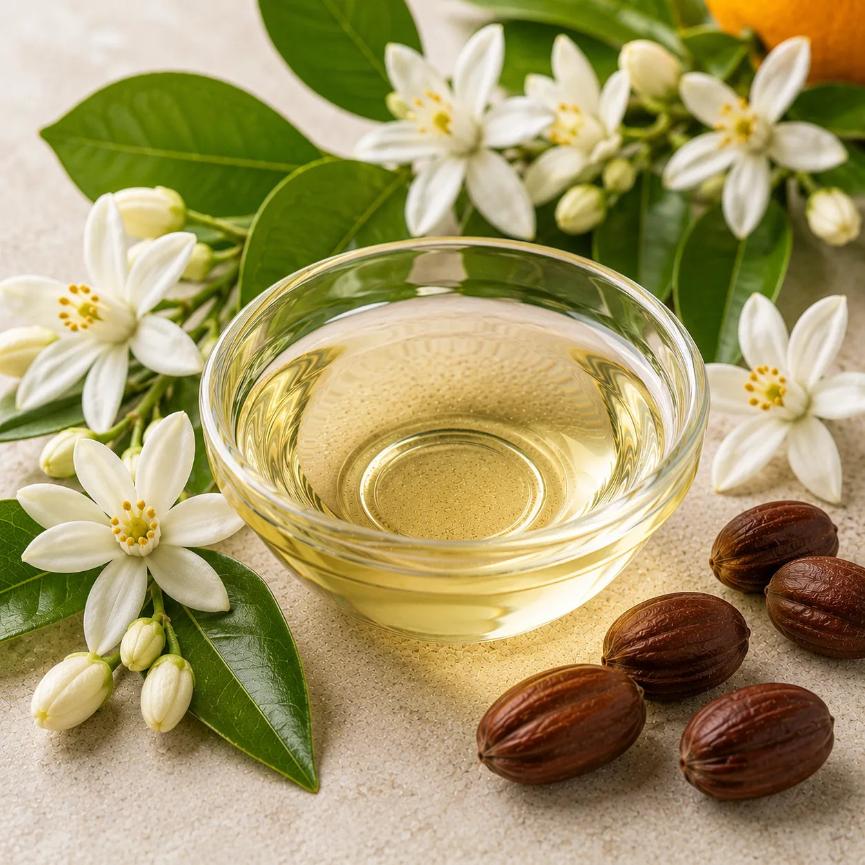 A clear glass bowl filled with neroli essential oil with jojoba, styled with white jasmine flowers, green leaves, and jojoba on a light stone surface.