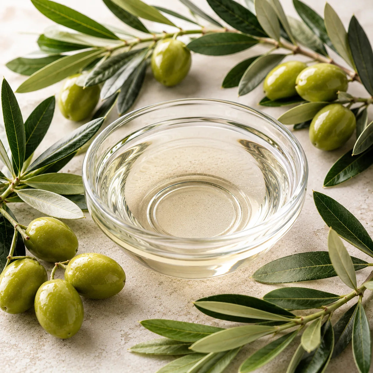 A clear glass bowl filled with paleolive squalane, surrounded by green olives and olive branches on a light stone surface.