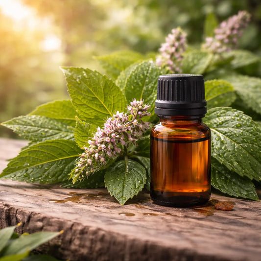 Patchouli essential oil on wooden surface surrounded by patchouli leaves and flowers.