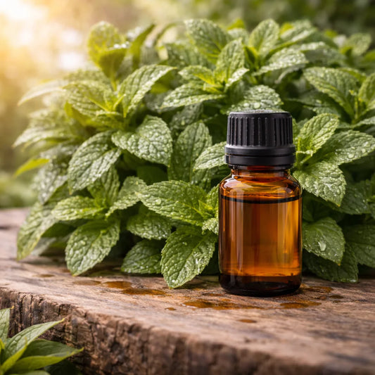 Brown glass bottle with black cap on a wooden surface with green peppermint leaves in the background