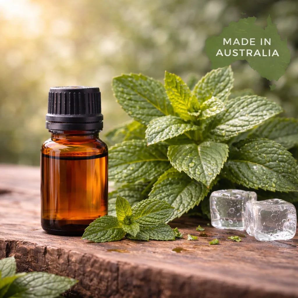 Brown glass bottle with black cap on a wooden surface with mint leaves and ice cubes, set against a blurred green background with 'Made in Australia' text.