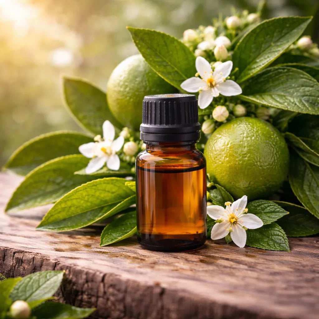 Petitgrain essential oil before orange tree with flowers.