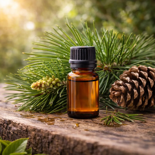 Bottle of essential oil with pine branches and a pine cone on a wooden surface