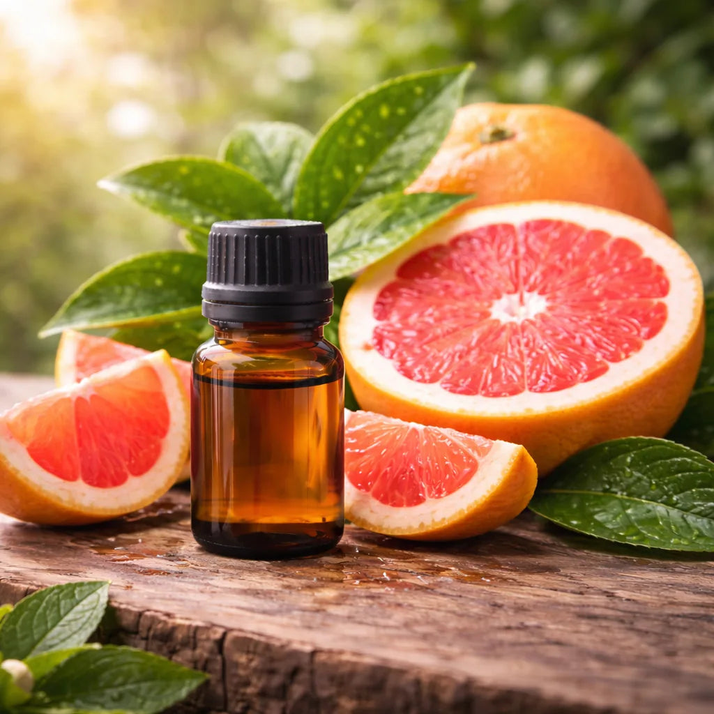 Bottle of essential oil with pink grapefruits on a wooden surface