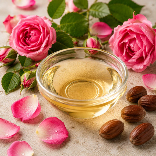 A clear glass bowl filled with rose absolute in jojoba oil, styled with pink roses, rose petals, green leaves, and jojoba nuts on a light textured surface.