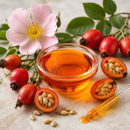 A glass bowl filled with amber-colored rosehip oil, surrounded by whole and halved rose hips with visible seeds, a pink rose blossom, green leaves, and a glass pipette on a light stone surface.