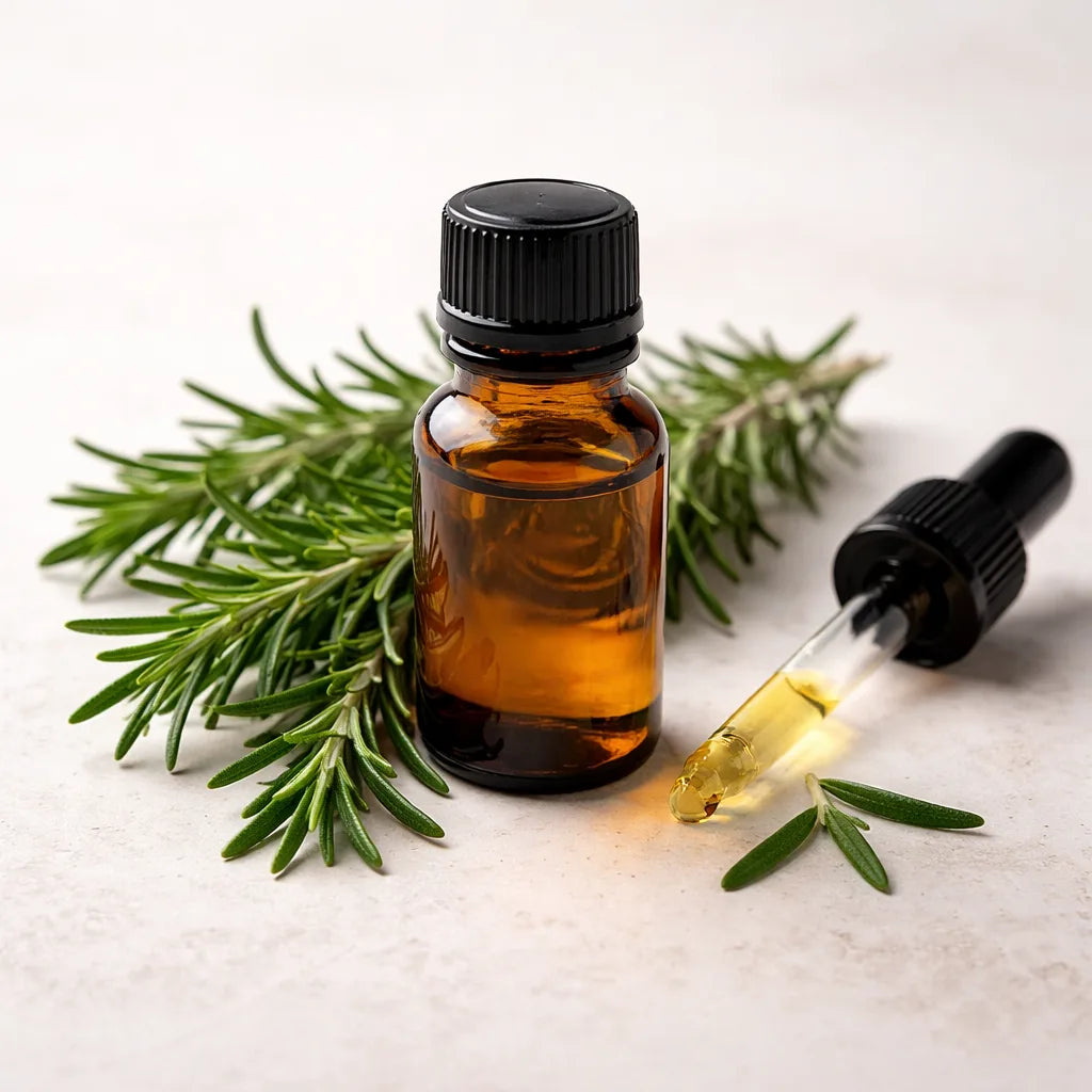 Rosemary essential oil bottle with fresh rosemary sprigs on neutral background