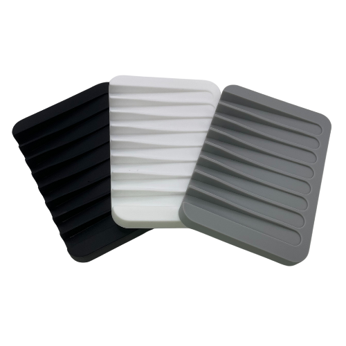 Silicone soap dishes in black, white and grey