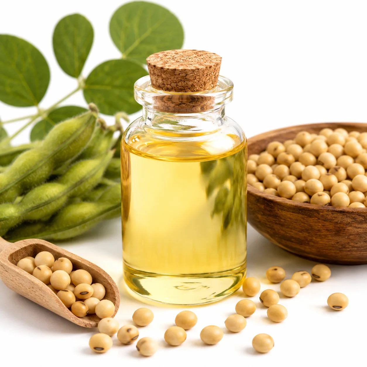 A small clear glass bottle filled with soy bean oil and sealed with a cork stopper, styled with soybeans in a wooden bowl, scattered soybeans, green soybean pods, and leaves on a white background.