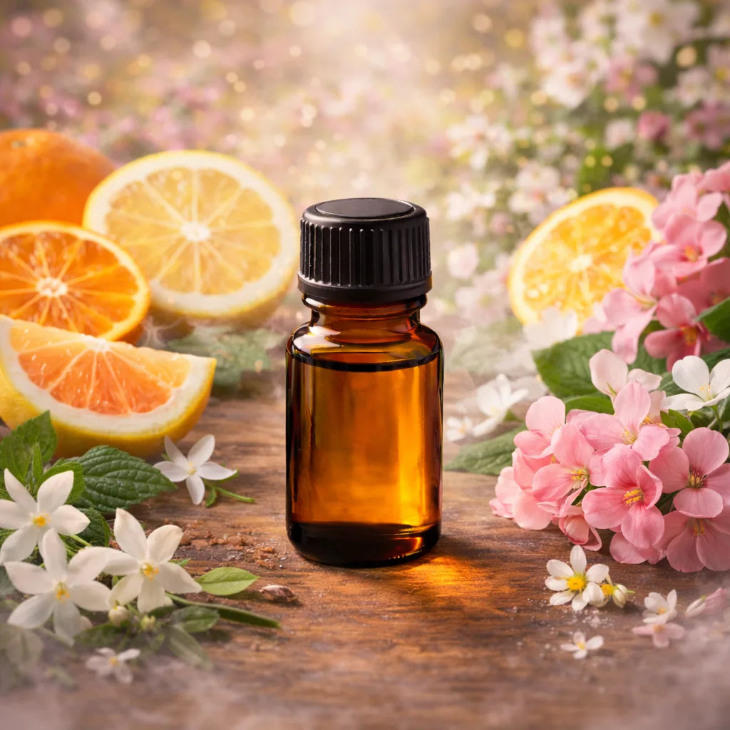 A bottle of springing essential oil blend with citrus fruits and flowers on a wooden surface
