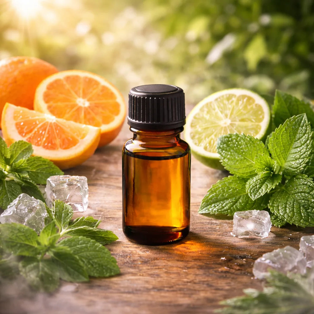 Amber glass bottle  on a wooden surface surrounded by citrus fruits and mint leaves.