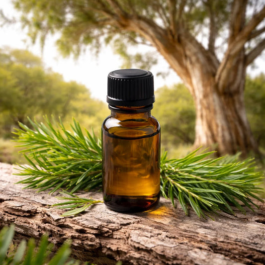 Tea tree essential oil on a log with a tea tree behind and surrounded by sprigs of tea tree.
