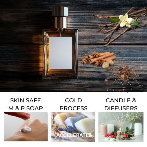 Perfume bottle with spices, vanilla, and tobacco on a wooden background.