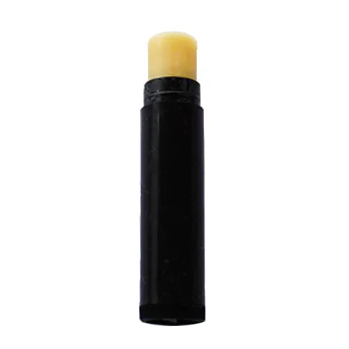 Black tube of vegan lip balm on a white background