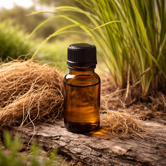 Vetiver essential oil in an amber glass bottle with vetiver roots and grass around it