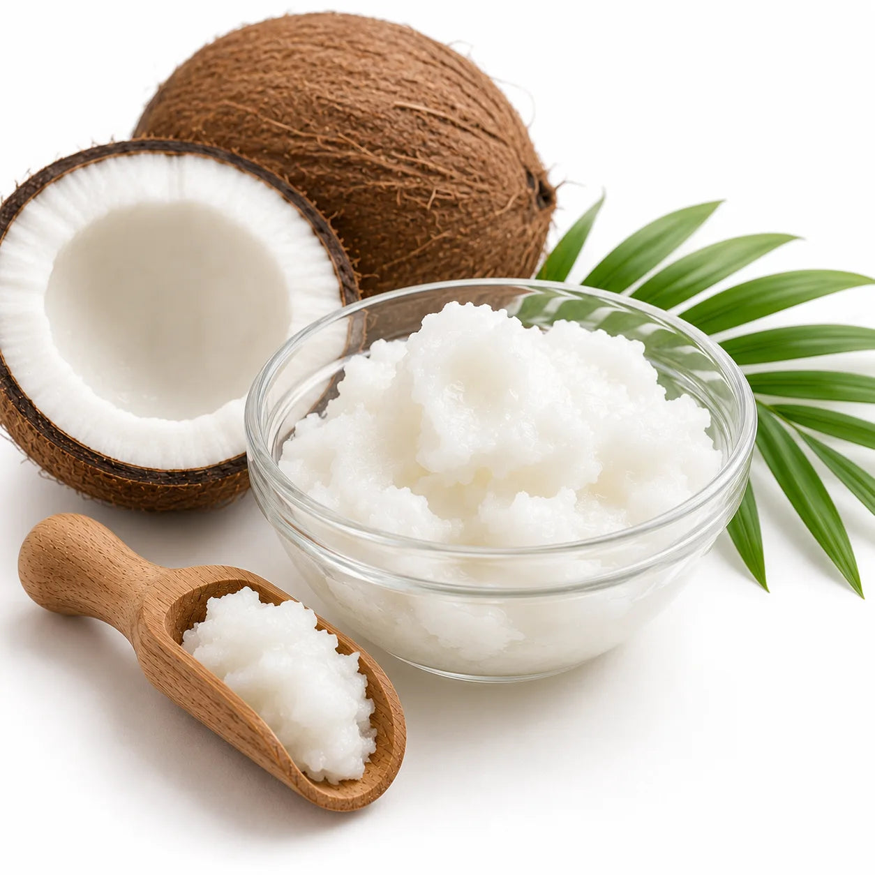 White coconut oil in a clear glass bowl with a wooden scoop, alongside a whole and halved coconut and green palm leaves on a white background.