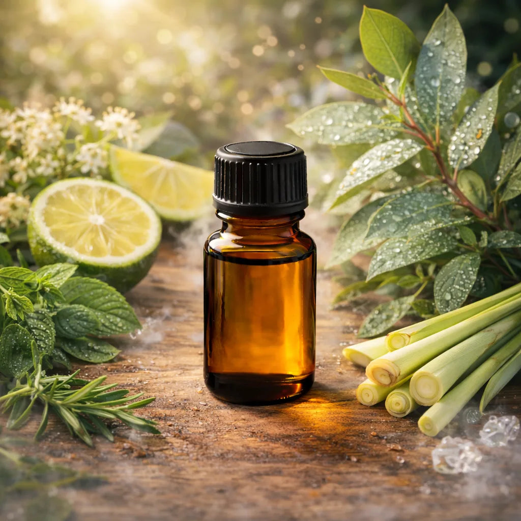 Amber glass bottle  on a wooden surface surrounded by lemongrass, lime, and eucalyptus leaves.