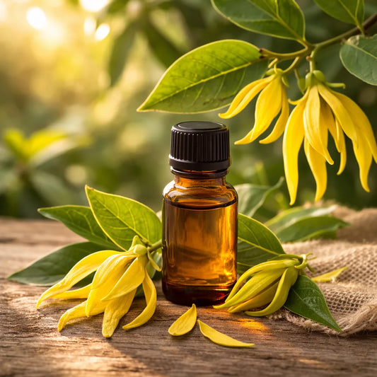 Ylang ylang natural essential oil in an amber glass bottle with ylang ylang flowers hanging alongside and on the bench.