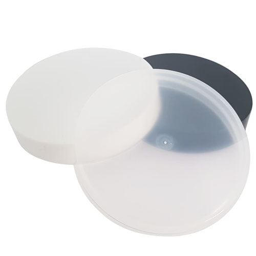 Black, white and neutral 100gm lids on white background