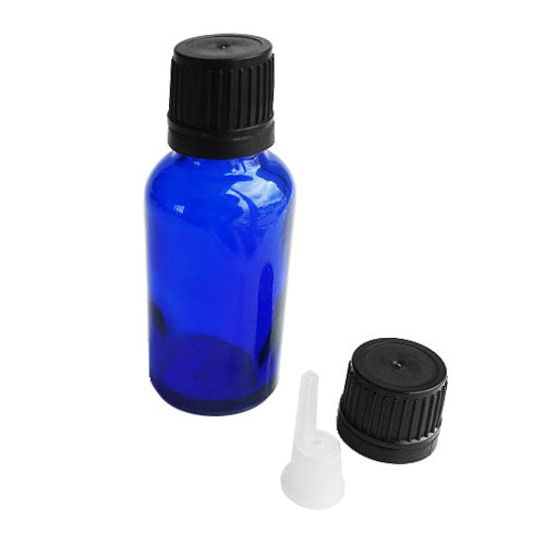 30ml Blue Glass Bottle, Black Cap and dripper